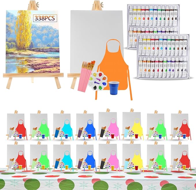 338 Pcs Art Painting Kit Supplies Set for Kids to Party - 180 Paint Brushes, 48 Acrylic Paints, 18 Wood Easels & Canvas Panels & Palettes & Aprons & Wash Pen Cup, 2 Plastic Tablecloth
