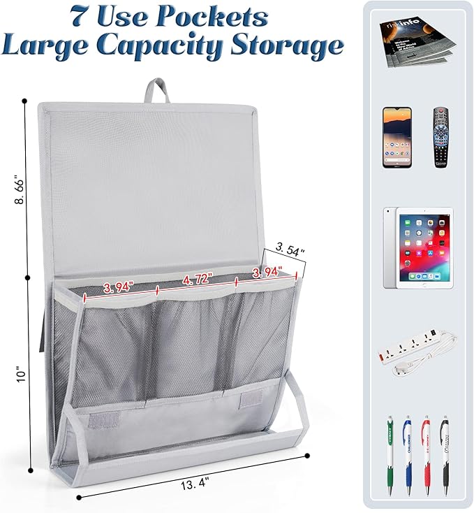 Bedside Storage Organizer with Power Strip Holder and Adjustable Straps Bed Hanging Bag for Home Bunk Bed Dorm Sofa (Light Gray)