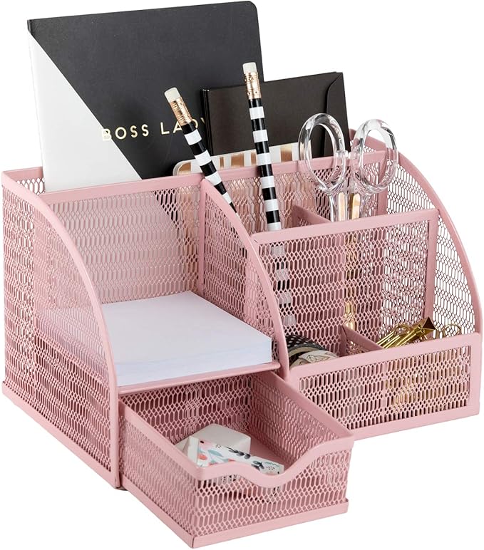 BLU MONACO | Light Pink Desk Organizer | Metal Drawer Desk Organizer with 6 Compartments and 1 Drawer | Cute Office Accessories for Women Home School