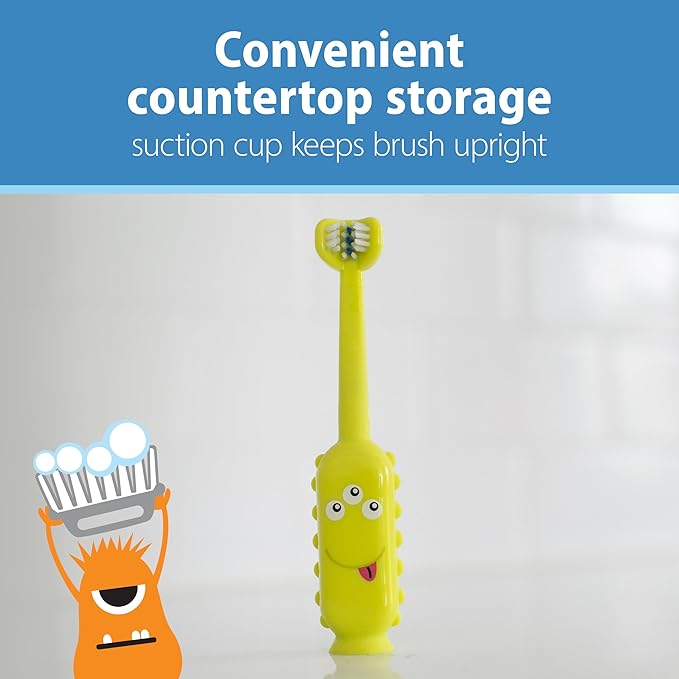 Dr. Brown's ToothScrubber Toddler Toothbrush, Triple-Sided Training Toothbrush with Suction Cup Base, Green Monster, Baby Oral Care, Ages 1-4 Years