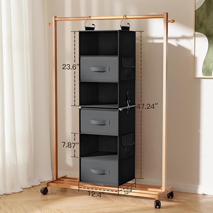 Pipishell 6-Shelf Hanging Closet Organizer with 2 Separable 3-Tier Shelves, 3 Drawers & Side Pockets Closet Organizers and Storage for Wardrobe Organization and Nursery Clothes Organizer, Black