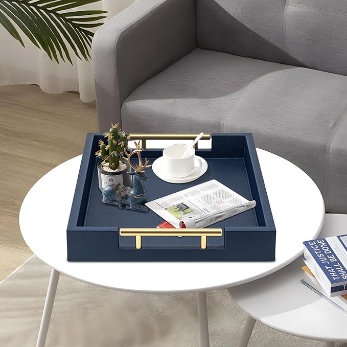 Navy Blue Faux Leather Serving Coffee Tray with Gold Handles,Rectangle Decorative Trays for Home Decor Large Ottoman Tray for Living Room