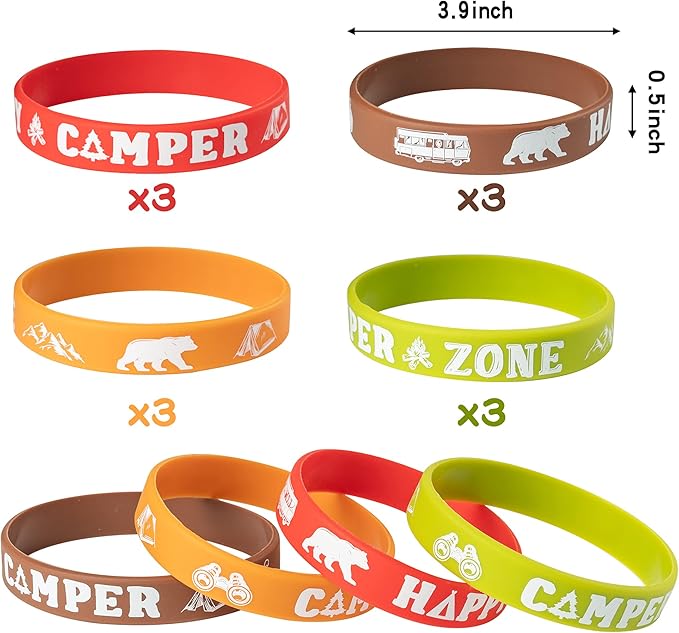 ANGOLIO 84Pcs Spring Camping Party Favors Kit Happy Camper Party Gifts Silicone Bracelets Stickers Keychains Badges for Kids Friends Summer School Camping Adventure Birthday Supplies