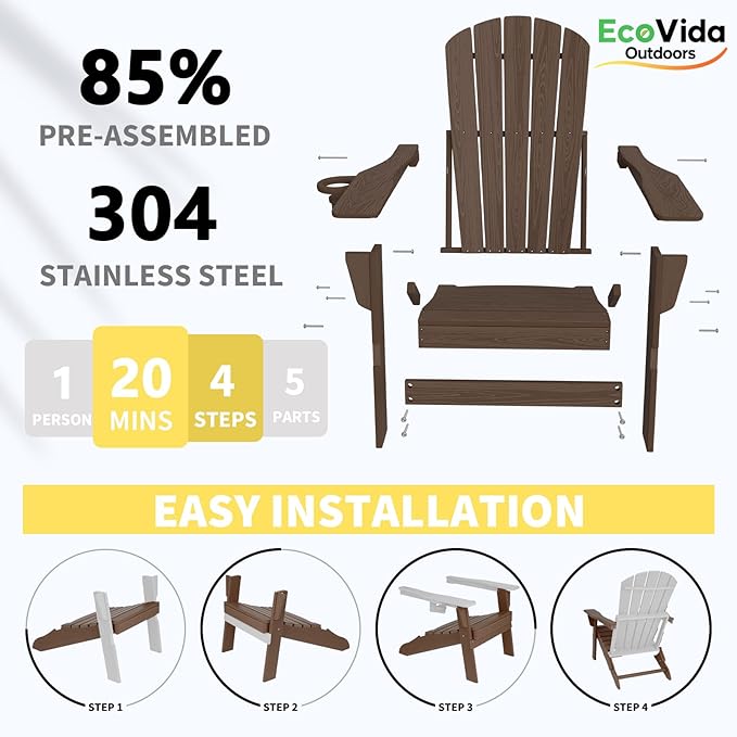 Upgraded Folding Adirondack Chair with All-Weather Cup Holder-EcoVida, Premium Wood Grain Texture, HDPE Waterproof, Suitable for Fire Pit, Patio, Porch, Coffee