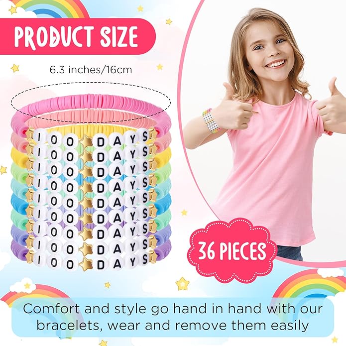 36 Pcs Happy 100th Day of School Bracelets Colorful Friendship Beads Bracelet for Boy Girl Kids Cute 100th Day Gifts Stretchy Acrylic Clay for School Supply Decor Student Rewards