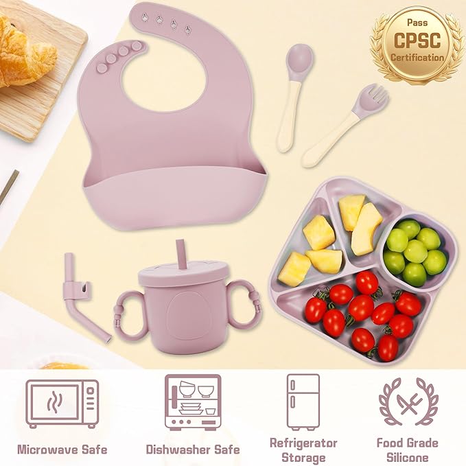 Silicone Baby Feeding Set, Baby Led Weaning Supplies, Silicone Suction Plate, Bowl, Spoons, Fork, Waterproof Bib, Cup and Food Tableware, Eating Utensils Baby Feeding Essentials for 3+ Months