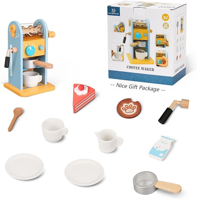 ICEKO Wooden Toy Coffee Maker Set with Grinder - 11pcs Realistic Play Kitchen Accessories for Kids - Pretend Play Toys - Kitchen Playset for Girls and Boys