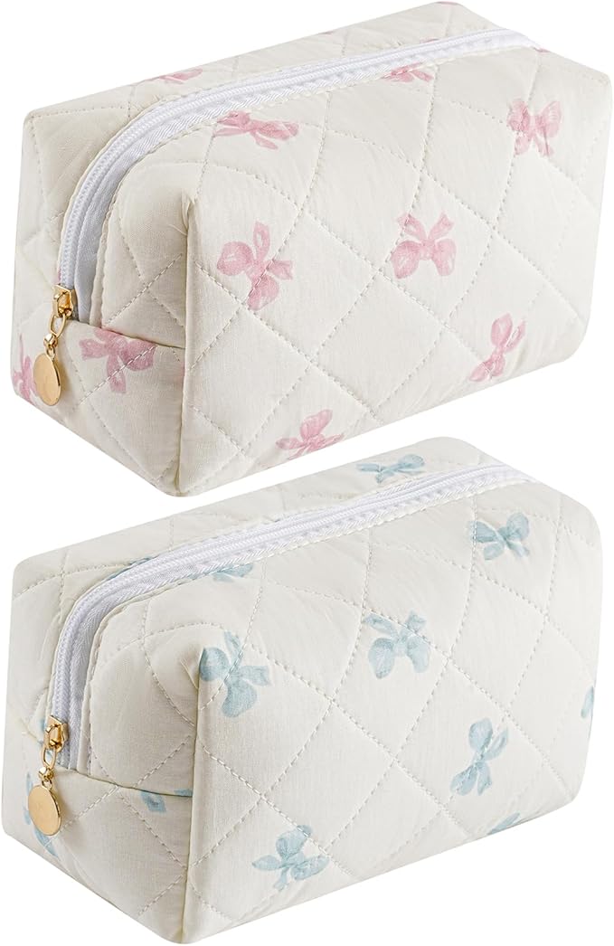 HHQQWZ Makeup Bag Travel Cosmetic Bag for Women Girls, Zipper Make Up Pouch, Floral Flowers Toiletry Organizer Makeup, Portable Storage Cosmetic Travel Cloth Bag (Pink Bow Tie+Blue Bow Tie)