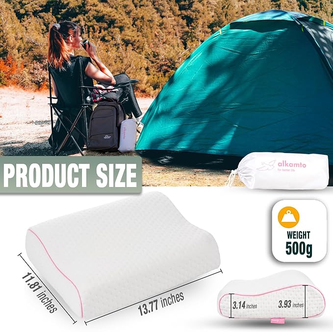alkamto Travel & Camping Comfortable Memory Foam Pillow – Easy to Carry Portable Bag – Temperature Regulating Pillow Case (Pink Contour + Extra Cover)