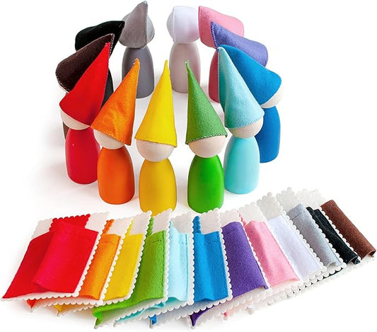 Ulanik Large Peg Dolls with Hats and Beds Toddler Montessori Toys for 3 Year Old + Wooden Waldorf Dolls for Learning Color Sorting and Counting — 12 Gnomes