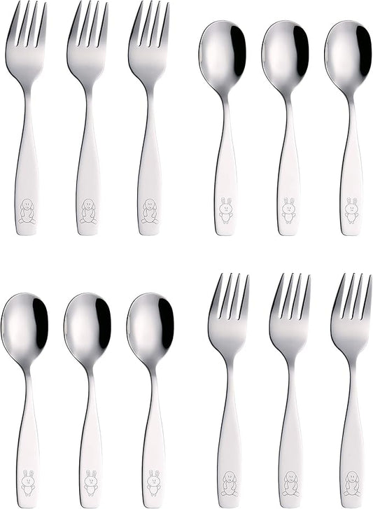 ANNOVA Children's Flatware Set - Stainless Steel Cutlery/Silverware - Safe Kids Toddler Utensils Lunch Box (Engraved Dog Cat Bunny) (Stainless Steel, 12 Forks & Spoon)