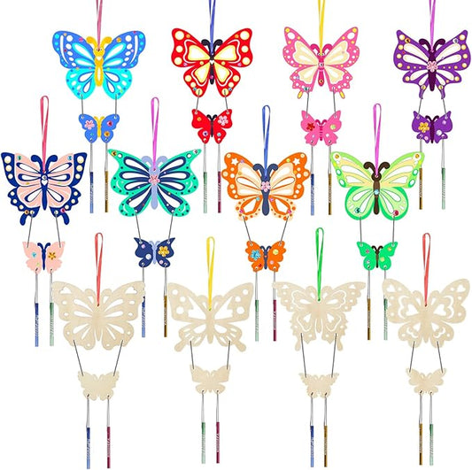 Fennoral 12 Pack Butterfly Wind Chime Kits for Kids Make Your Own Hollowed Out Butterfly Wind Chime DIY to Paint Butterfly Wooden Arts and Crafts for Kids Spring Summer Art Activity Birthday Party