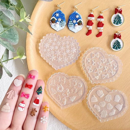 KEOKER Christmas Polymer Clay Molds, Winter Polymer Clay Silicone Molds, Polymer Clay Mini Molds, 4pcs Earring Molds for Polymer Clay, Polymer Clay Molds for Jewelry(Substitute Micro Clay Cutters)