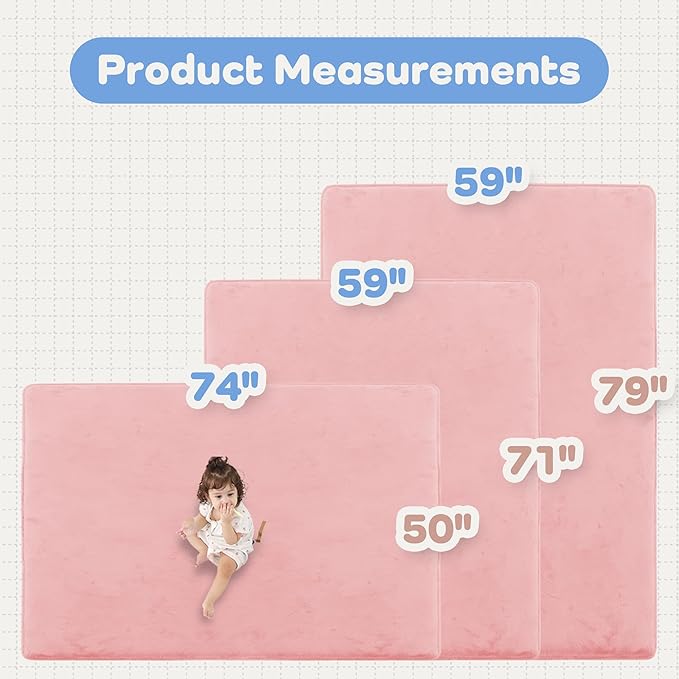 1.3" Thick Baby Floor Play Mat 59x71, Basic Padded Foam Mat for Tummy Time Crawling, Non Slip Cushioned for Babies Toddlers Infants Kids (Pink)