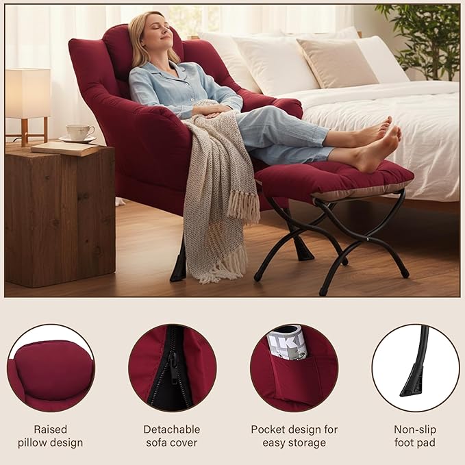 Welnow Lazy Chair with Ottoman, Modern Lounge Accent Chair with Armrests and a Side Pocket, Leisure Sofa Armchair, Reading Armchair with Footrest for Small Space, Burgundy