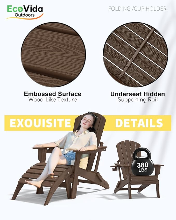 Upgraded Folding Adirondack Chair with All-Weather Cup Holder-EcoVida, Premium Wood Grain Texture, HDPE Waterproof, Suitable for Fire Pit, Patio, Porch, Coffee