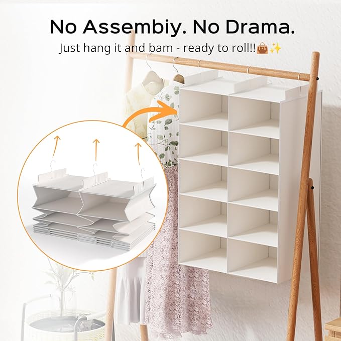 ALLTIDYUP White 5-Tier Hanging Closet Storage Organizer - Space-Saving Dual-Row Foldable Shelves with 3 Hooks, Wardrobe Organizer for Dorm, Bedroom, Clothes and Accessories