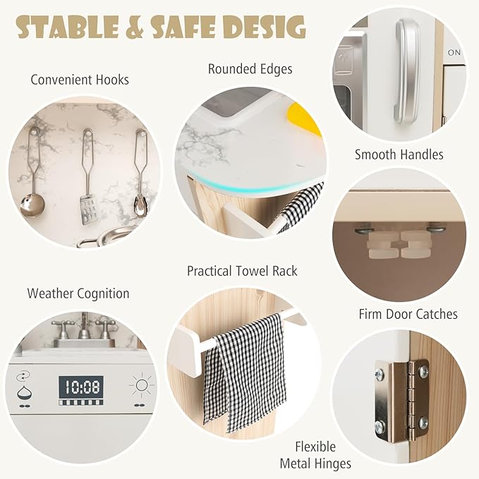 KOTEK Play Kitchen with Lights and Sounds, Wooden Toddler Kitchen Playset w/Ice Maker, Coffee Maker, 19 Accessories & Microwave, Chef Pretend Play Toy Kitchen Set for Kids Girls & Boys Ages 3+(White)