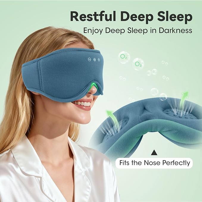 BeMyLady 3D Bamboo Cotton Sleep Mask with Bluetooth 5.4 Headphone, Music Wireless Bluetooth Blackout Eye Mask for Side Sleepers, Earphones HD Speaker Microphone for Travel, Gifts for Women Men, Blue