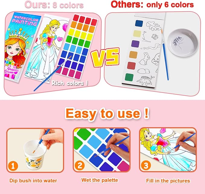 BAOXUE Water Color Paint Sets for Kids, Pocket Watercolor Painting Coloring Book, Paint with Water Books for Kids Ages 4-8, Art Craft Set for Girls Boys Drawing with Brush