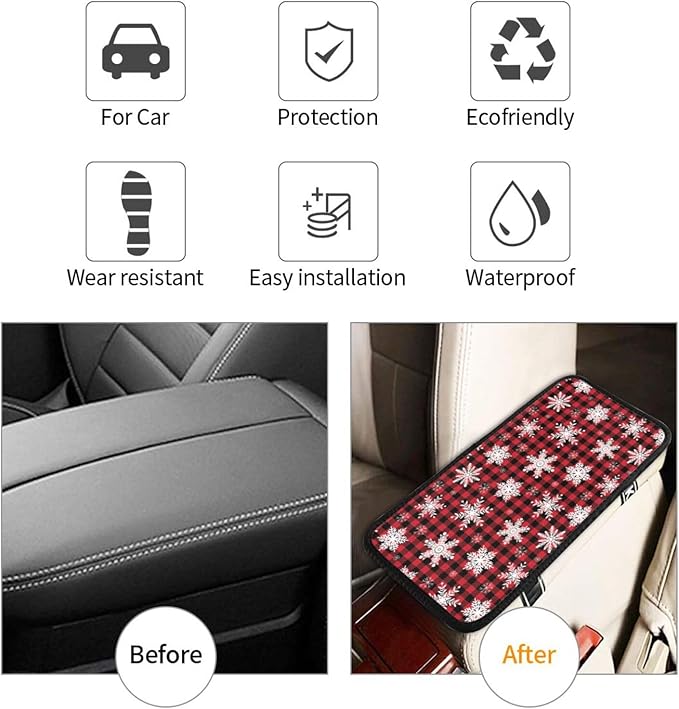 DORKEIXIA Snowflake Christmas Red Buffalo Plaid Auto Center Console Armrest Pad Universal Car Center Console Cover Seat Box Cover for Sedan, Van, SUV, Truck Car Accessorie