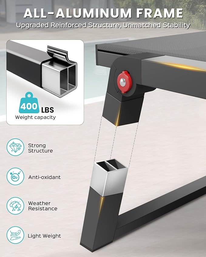 Aluminum Chaise Lounge Outdoor Set of 2, Foldable & No Assembly Patio Pool Lounge Chairs 5-Position Recliner for Outside Poolside, Fully Grounded Legs Sun Lounger for Beach, Dark Grey