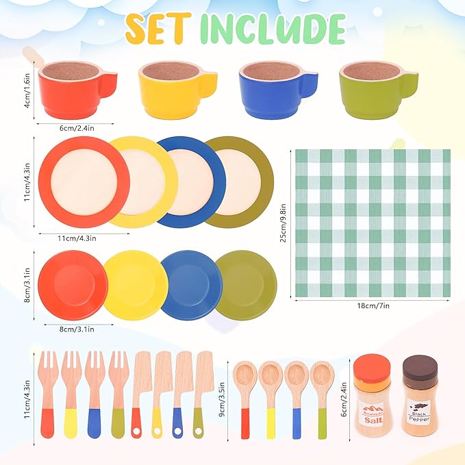 30 PCS Wooden Play Dishes and Plates for Kids, Montessori Wooden Kitchen Accessories Tableware Set Toys for Toddler Gifts, Pretend Play Food Sets for Children Birthday 3 4 5 6 Boys Girls