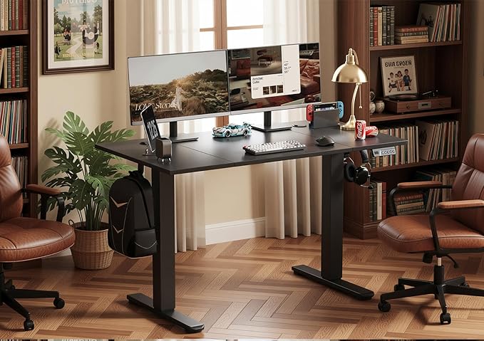 Seang Electric Height Adjustable Standing Desk, 48 x 24 Inch Sit-Stand Workstation with T-Style Frame, 3 Memory Height Options & Built-in Cable Management for Home Office, Black Frame/Black Top