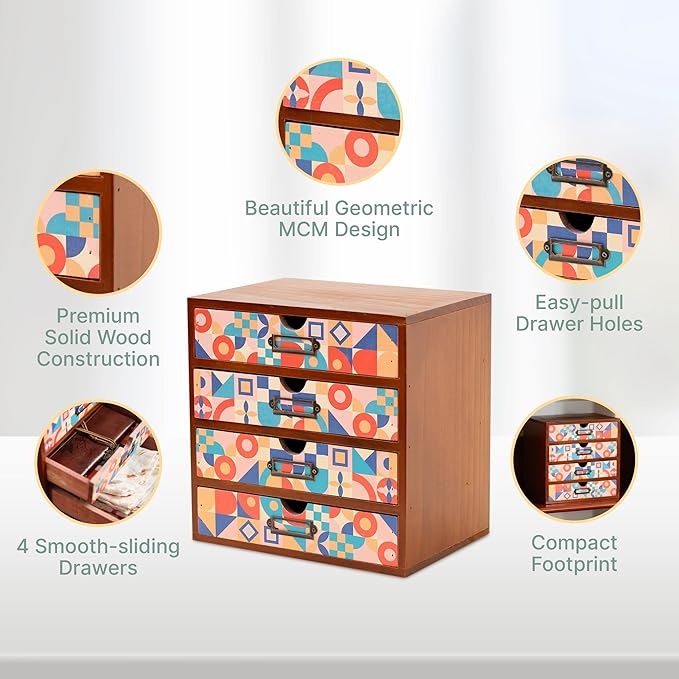 Add Color To Your Desk - MCM Geometric Wooden Desk Organizer - Desktop Storage with 4-Drawer - Wood Cabinet for Office Supplies, Craft Tools, & Home, Countertop, Tabletop Organization