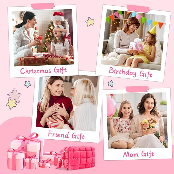 Puffer Quilted Makeup Bag Cosmetic Bags,Puffy Travel Toiletry Pouch for Women,Cute Checkered Zipper Bag Travel Essential,Portable Aesthetic Make up Organizer Bag for Gifts Work Daily(RoseRed,S)