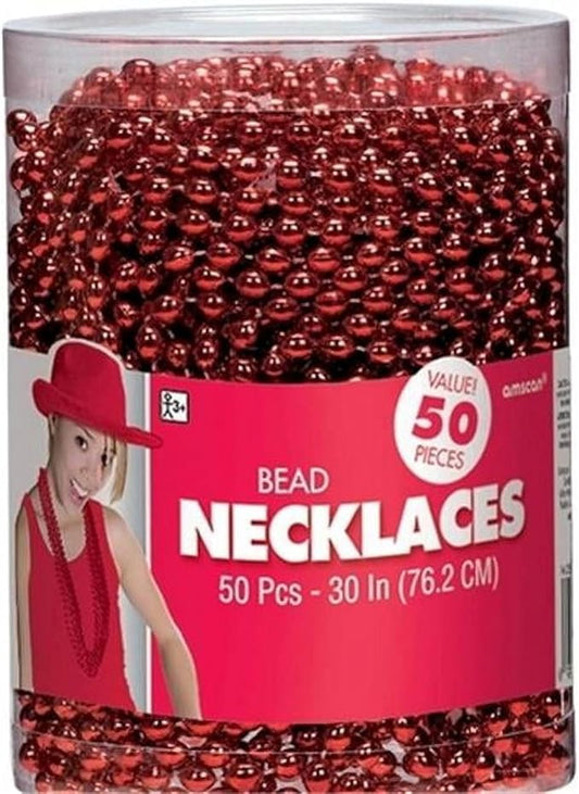 Amscan Metallic Oval Bead Party Necklaces, 50 Ct, 30", Red