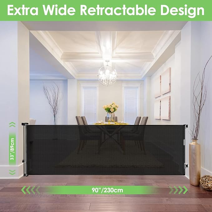 90 Inch Retractable Baby Gates Extra Wide Dog Gates for The House Extra Long Baby Gate for Stairs Child Gates for Wide Openings Large Dog Gate Indoor Outdoor Pet Gates for Dogs, Black