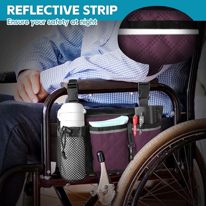 Wheelchair Bag with Cup Holder, Wheelchair Accessories Armrest Side Bag Multi Pockets Pouch for Electric Wheelchairs, Walker, Rollators & Mobility Scooters, Adults, Seniors, Purple