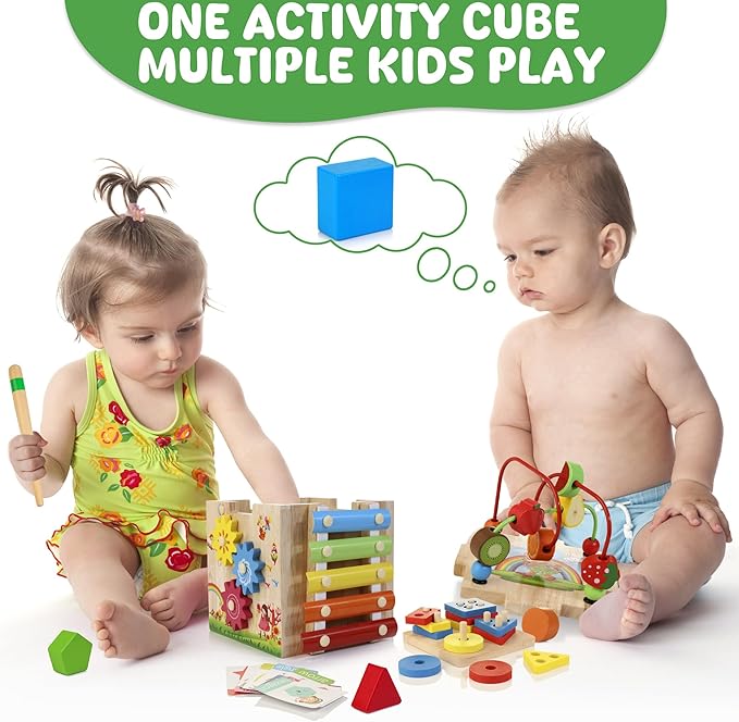 Batlofty Wooden Activity Cube | 8-in-1 Montessori Toys for 1+ Year Old Boys & Girls, Educational Learning Toy for Toddlers Age 1-2, 1st Birthday Gift | Bonus Sorting & Stacking Board