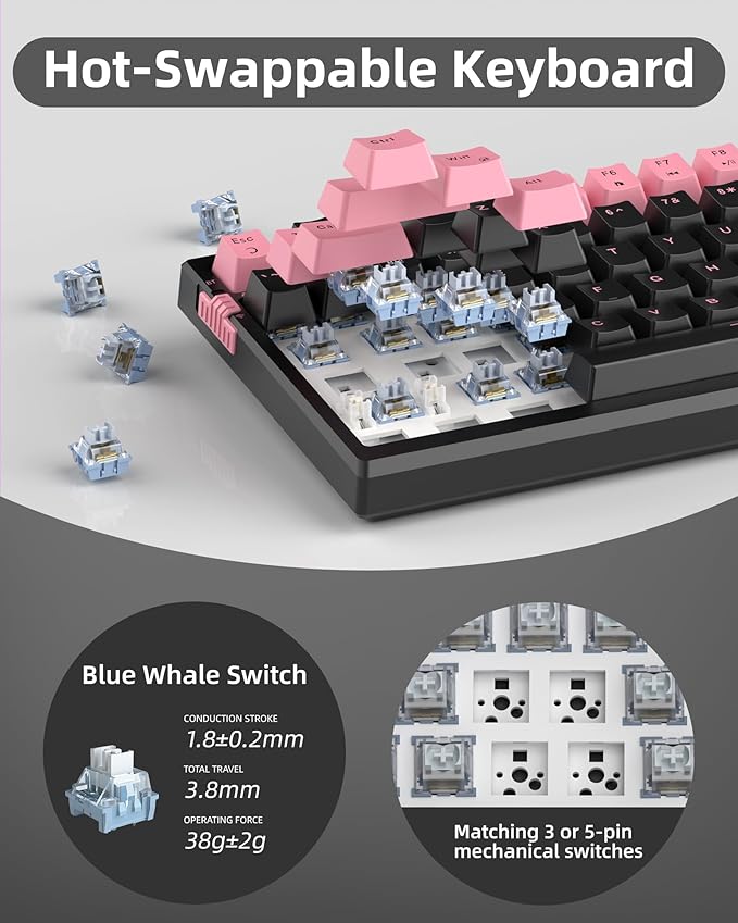 MageGee SKY81 75% Wireless Gasket Mechanical Gaming Keyboard, Hot Swappable RGB Custom Creamy Keyboard w/ 5-Layer Padding, BT/2.4G/USB-C, Knob Control, NKRO for Win/Mac (Pink&Black, Blue Whale Switch)