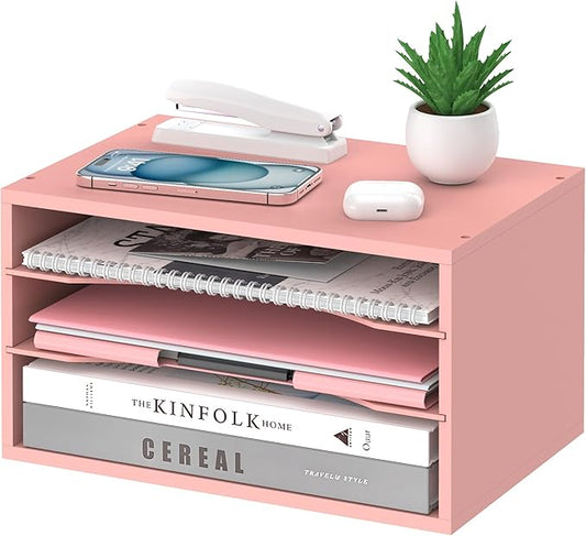 Wood Desk Organizer, 3 Tier Paper Tray Organizer for Desk with Adjustable Storage Shelves, Desktop File Organization Paper Sorter Mail Holder for Office Home Classroom, Pink