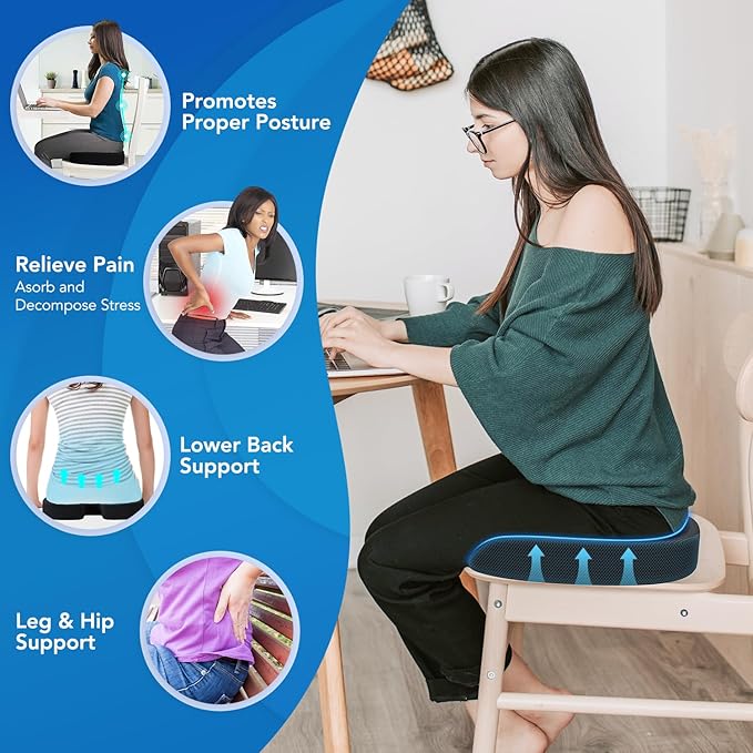Seat Cushion & Lumbar Support Pillow for Office Chair, Car, Wheelchair Memory Foam Desk Chair Cushion for Sciatica, Lower Back & Tailbone Pain Relief Desk Pad with Adjustable Strap 3D Washable Cover