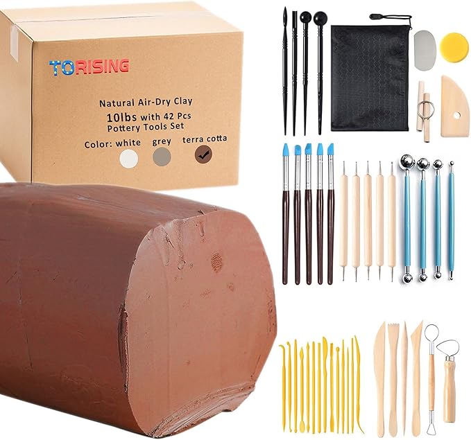 Baking Clay Air Dry Clay 10 LBs with 42 Pcs set Pottery Clay Tools Set for Hand Modeling and Throwing, Non-Toxic (Terra Cotta & Kit)