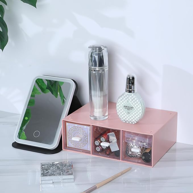 Desktop Drawers, Desk Organizer with 3 Drawers, Stackable Plastic Storage Box for Home Collection, Cosmetics, Jewelry, Office Supplies (1 Tall Layer, Pink)