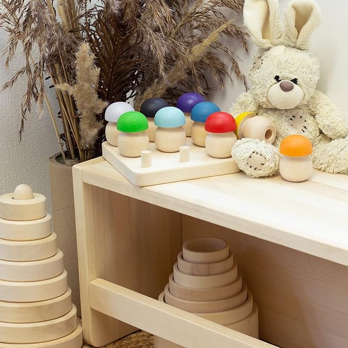 Ulanik Mushroom Glade Toddler Montessori Toys for 3 Year Old + Kids Wooden Mushrooms Game for Learning Color Sorting and Counting Preschool Education — 9 pcs