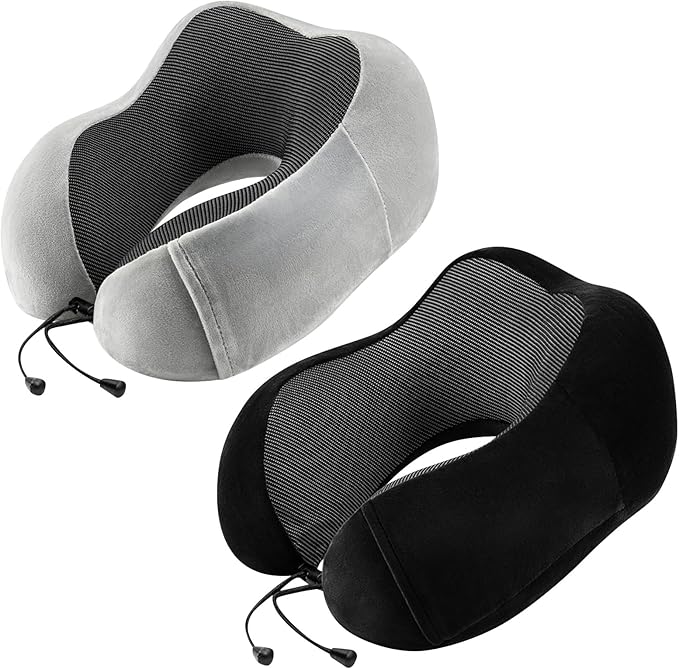 urnexttour Neck Pillow Airplane-2 Pack Memory Foam Travel Pillow, Soft Support Travel Neck Pillow for Travelling, Sleeping Rest, Car, Train and Home Use (Black&Grey)