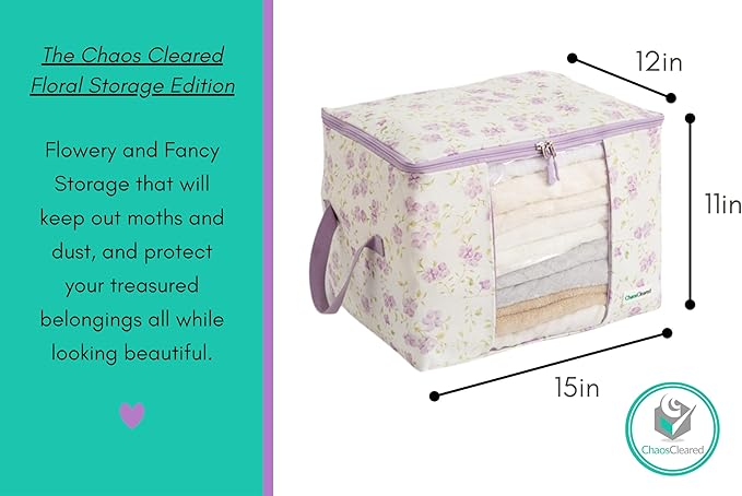 Canvas Storage Bags 2 Pack Designer Organizer bags for Clothes, sweaters, clothing, garments, quilt, linens, large folding organizers with zip & window, moth proof space saver Purple floral Print
