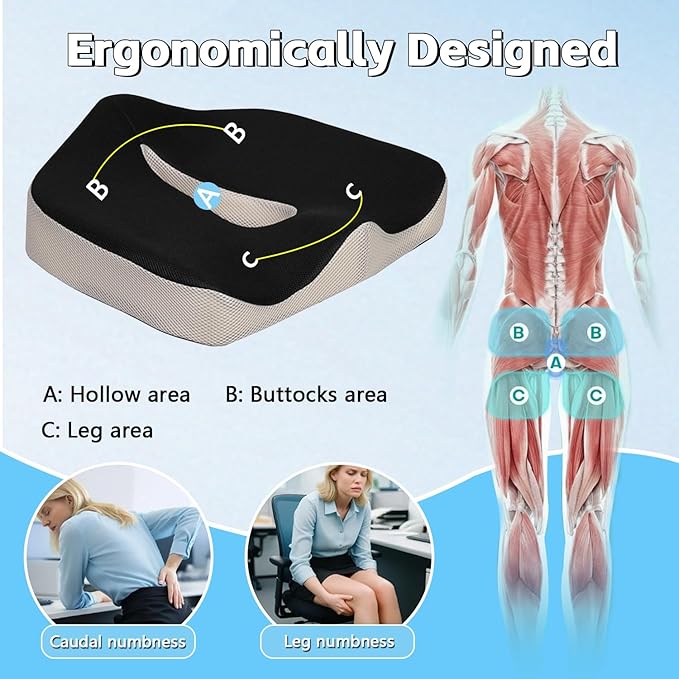 Seat Cushion for Tailbone Pain Relief, Memory Foam Coccyx Cushion for Office Chair & Car, Ergonomic Chair Pad with Non-Slip Cover & Handle, Sciatica Relief for Gaming Chair, Wheelchai
