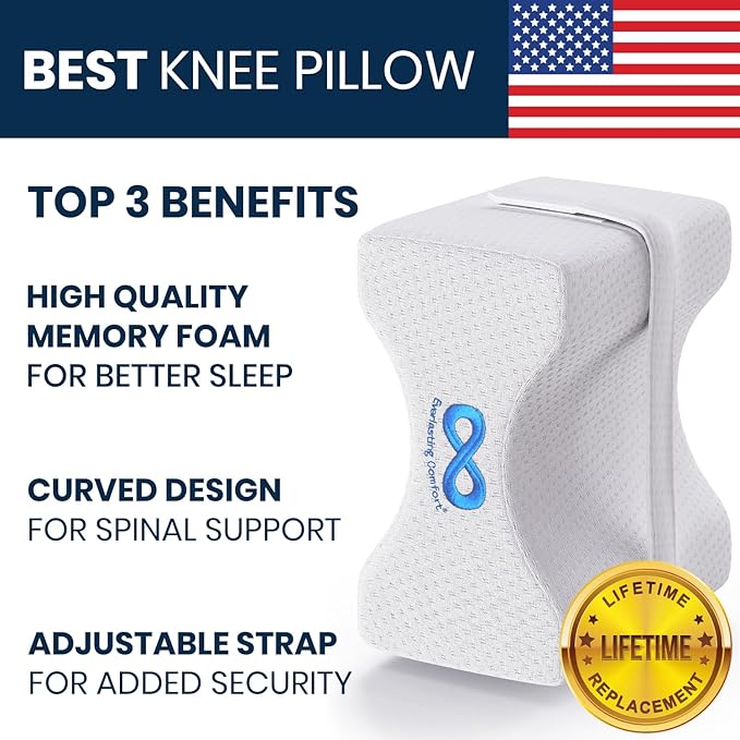 Everlasting Comfort Memory Foam Knee Pillow for Side Sleepers – Sciatica Pain Relief Pillow, Removable Strap Support – Leg Pillows for Sleeping Alignment, Knees, Back & Hip Cushion