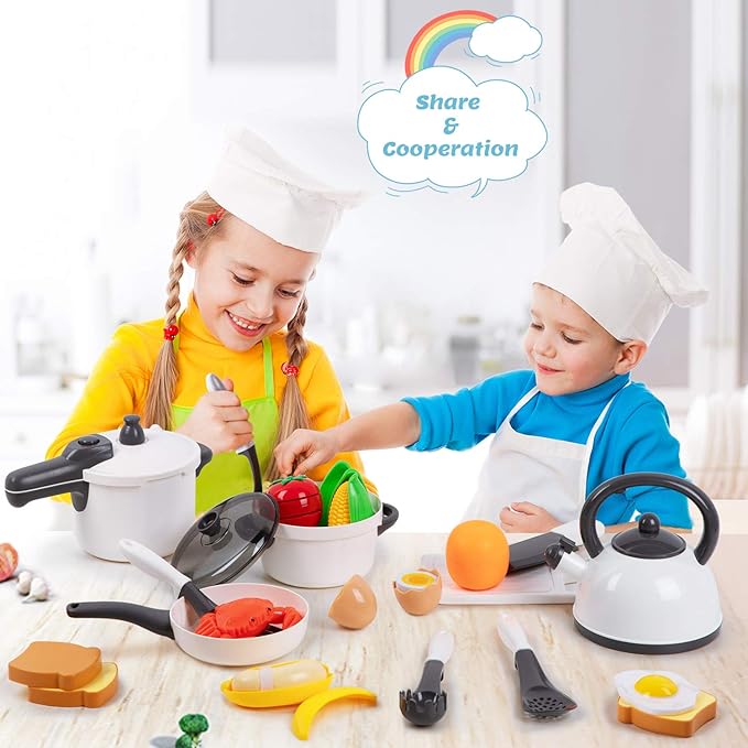 iPlay, iLearn Kids Kitchen Toy Accessories, Toddler Cooking Playset, Pretend Pots Pans Set, Girls Cookware Appliance, Child Cutting Food Utensils, Valentine's Easter Gift for 3 4 5 Years Old Boy-White