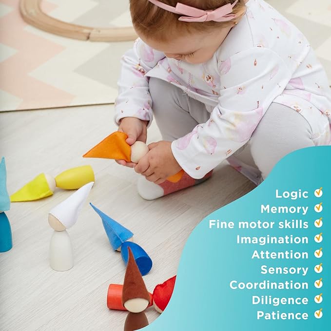 Ulanik Large Peg Dolls with Hats Toddler Montessori Toys for 3 Year Old + Kids Wooden Waldorf Dolls for Learning Color Sorting and Counting — 12 Gnomes, 3.35 in