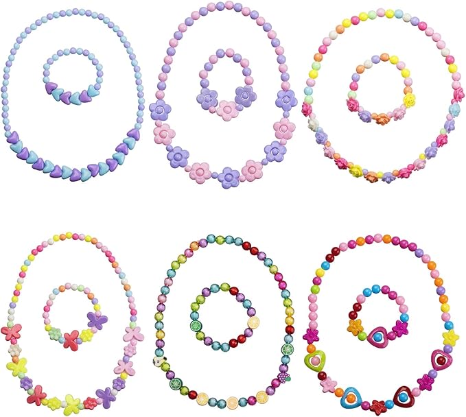 6 Sets Toddler Play Jewelry Beaded Necklace and Bracelet for Little Girls, Packaged in Gift Box, Dress up Necklace Bracelet Set Pretend Princess Jewelry for Kids, Jewelry Toy Gifts for Girls