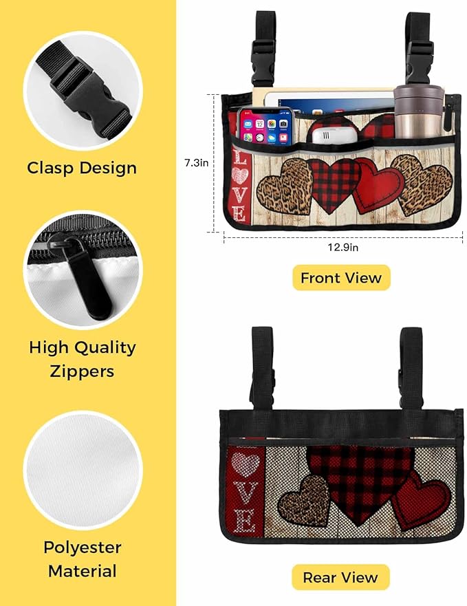 Wheelchair Side Storage Bag Valentine's Day Red and Leopard Print Love Heart Armrest Pouch with Cup Holder and Reflective Strip Wheelchair Accessories Organizer Bags for Walkers Rollator