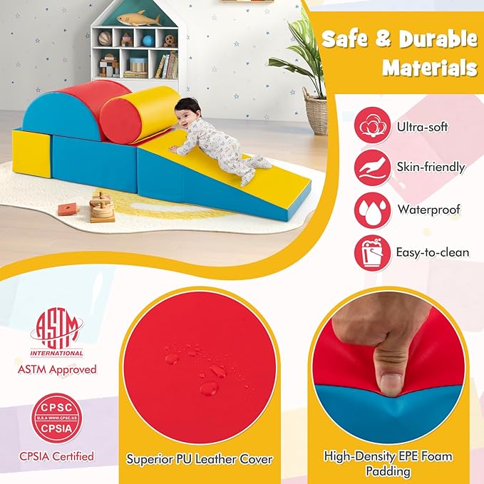 HONEY JOY 5-Piece Climb and Crawl Playset, Soft Climbing Foam Block Activity Play Structure Gym Equipment for Infant Baby, Color Coordination, Waterproof Indoor Climbing Toys for Toddlers (Red)