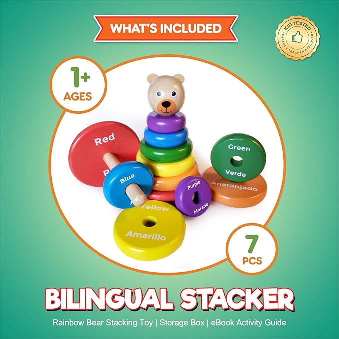 Baby Toys Wooden Stacking Rings - Bilingual Educational Toys for 2 Year Old | Learn Rainbow Colors in English & Spanish | Wood Building Blocks with Toddler Games Learning Activities Ebook